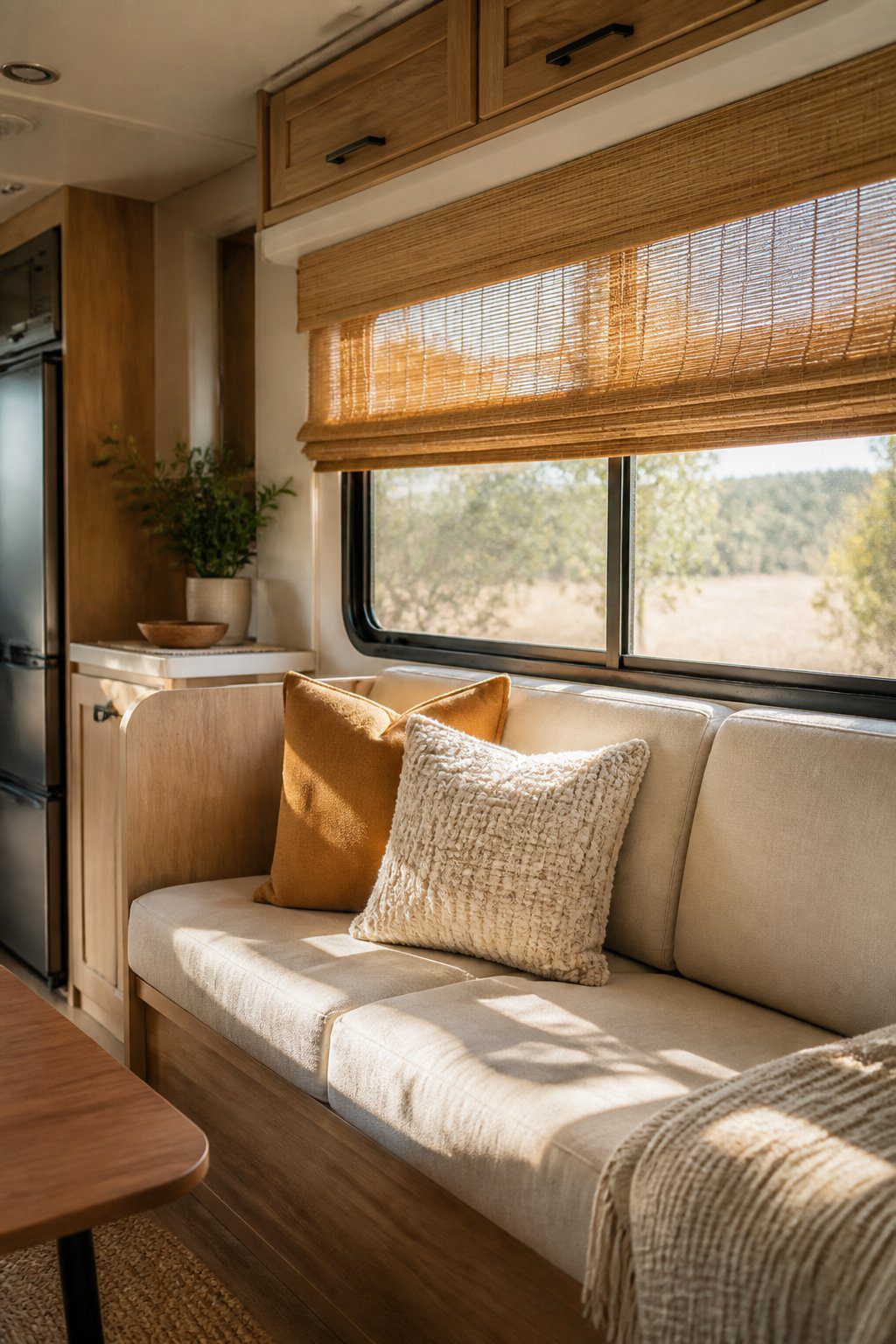 A bright RV living area with bamboo Roman shades covering a large window.