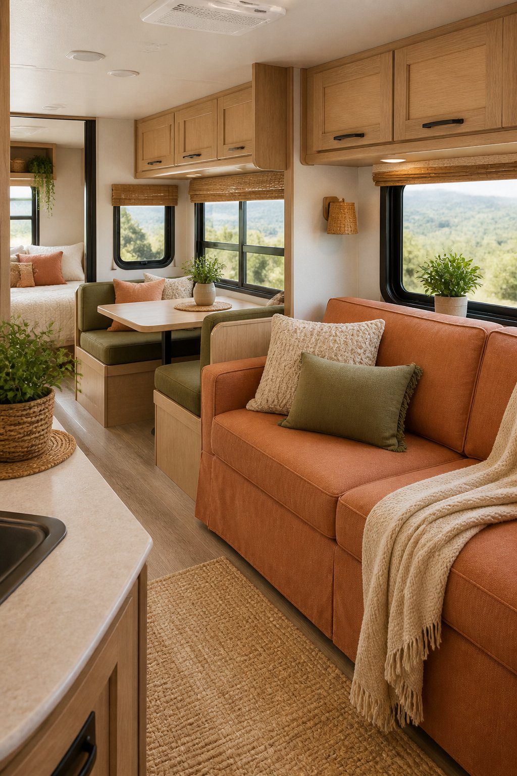 An RV living area with earthy-toned washable slipcovers on the sofa and dining seats.