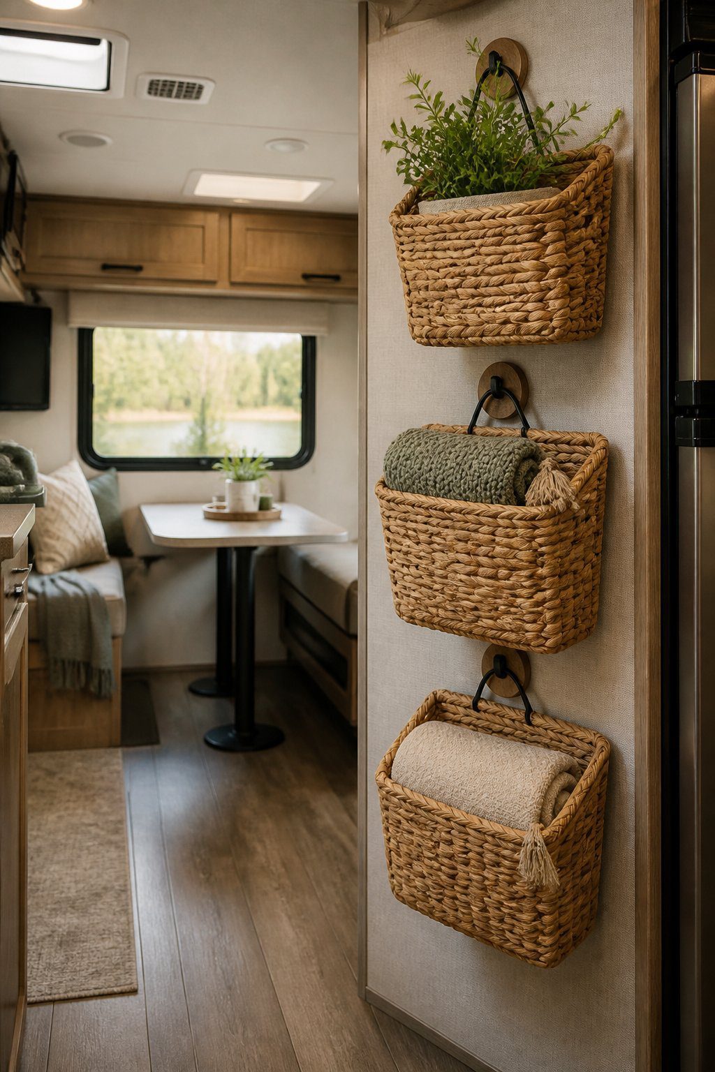 Woven baskets hang on the wall of a neatly decorated RV interior.