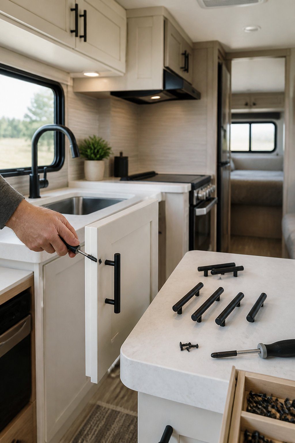 A hand installs a matte-black pull on a light-colored cabinet in a compact RV kitchen.