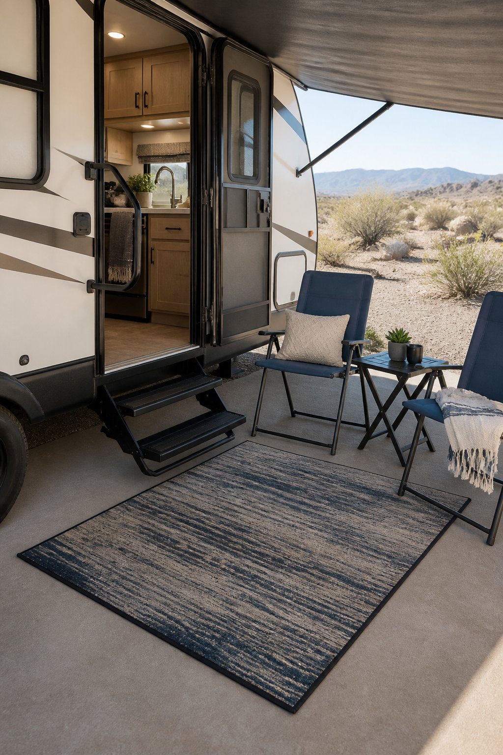 A compact patterned rug sits outside the entrance of a neatly arranged recreational vehicle.