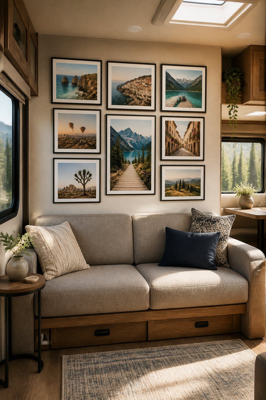 A cozy RV living area with framed travel photographs arranged on a gallery wall above a small sofa.