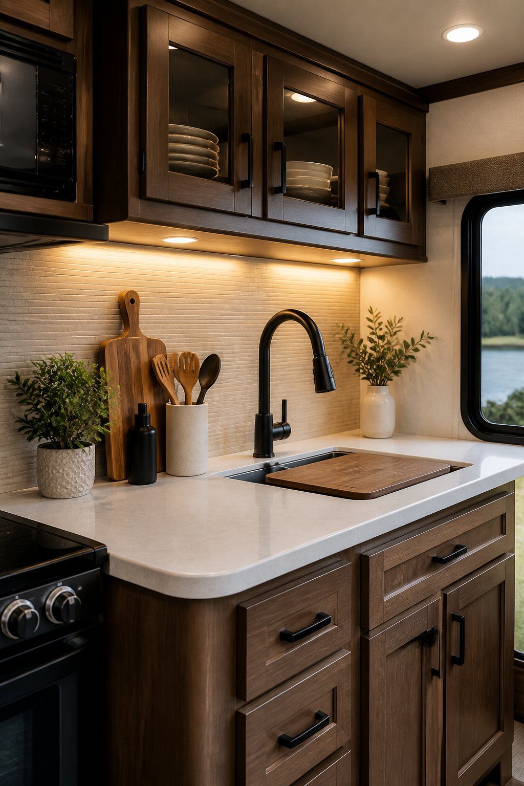 An RV kitchen with warm LED lighting glowing beneath the upper cabinets.