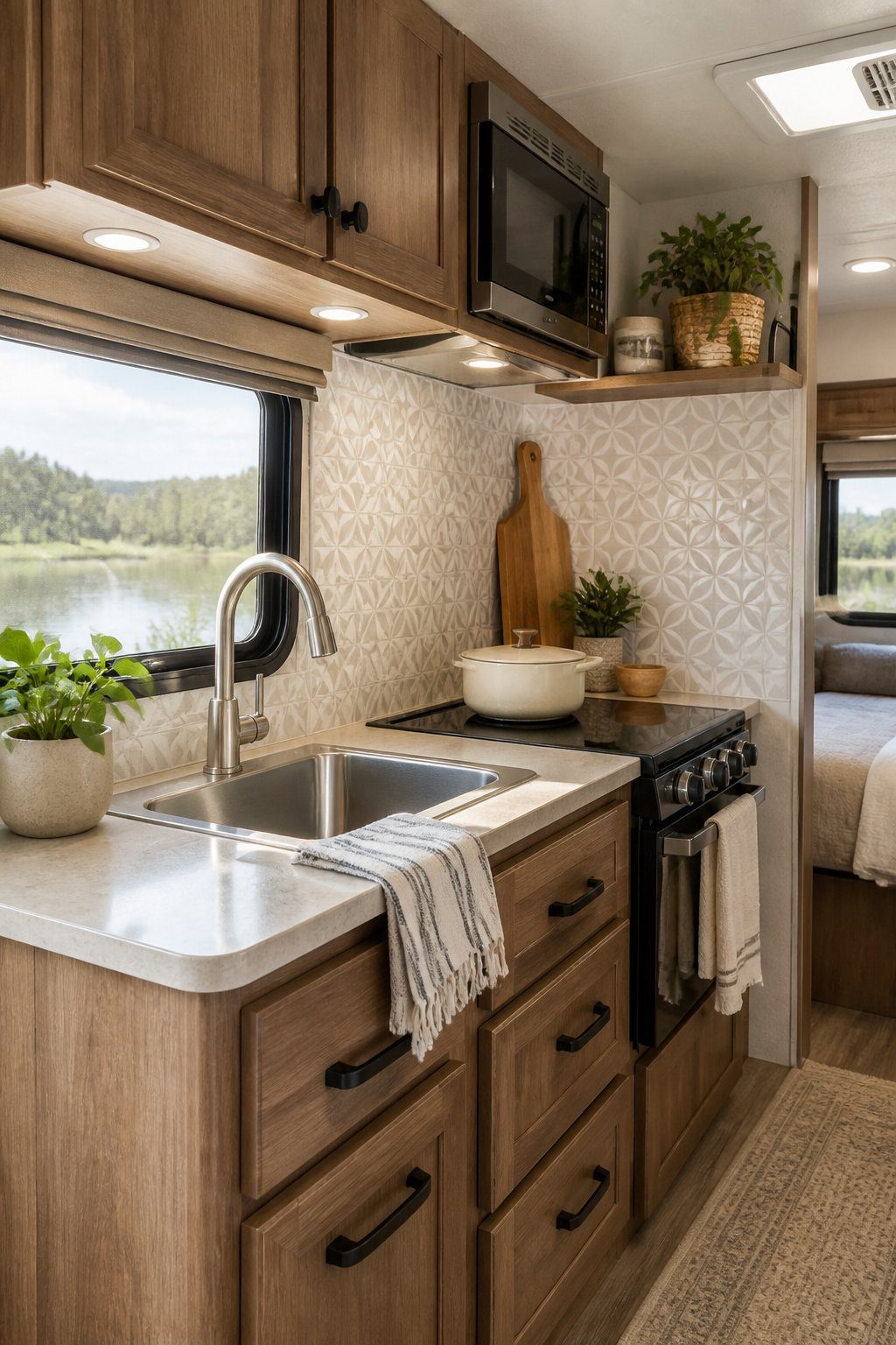 Compact RV kitchen with a decorative removable tile backsplash.