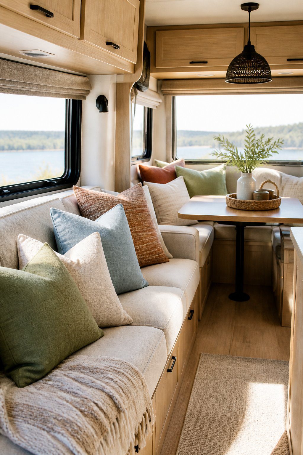 Coordinating linen throw pillows arranged on seating inside a cozy RV.