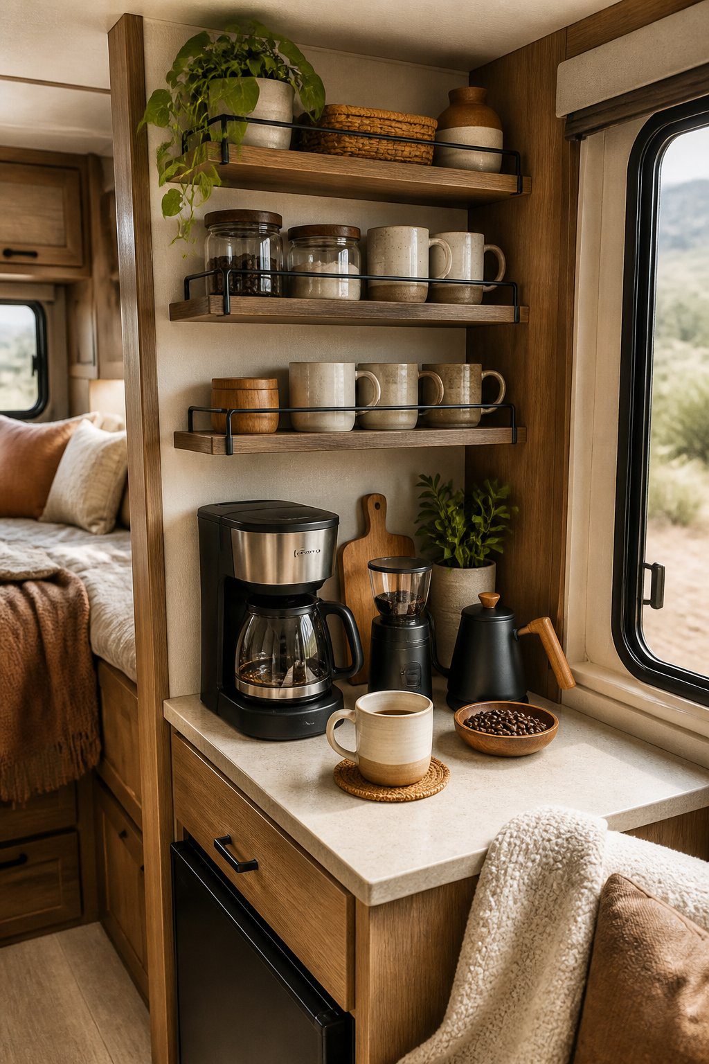 A compact RV coffee station with a coffee maker, mugs, and supplies arranged beneath wall-mounted shelves.
