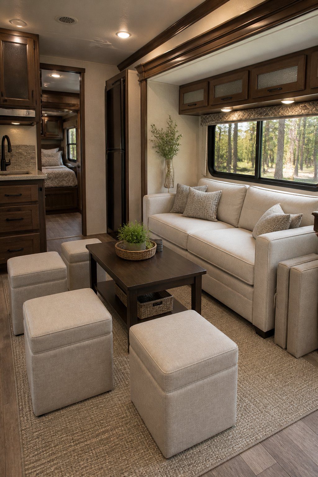 A compact RV living area with several collapsible ottomans arranged as extra seating.