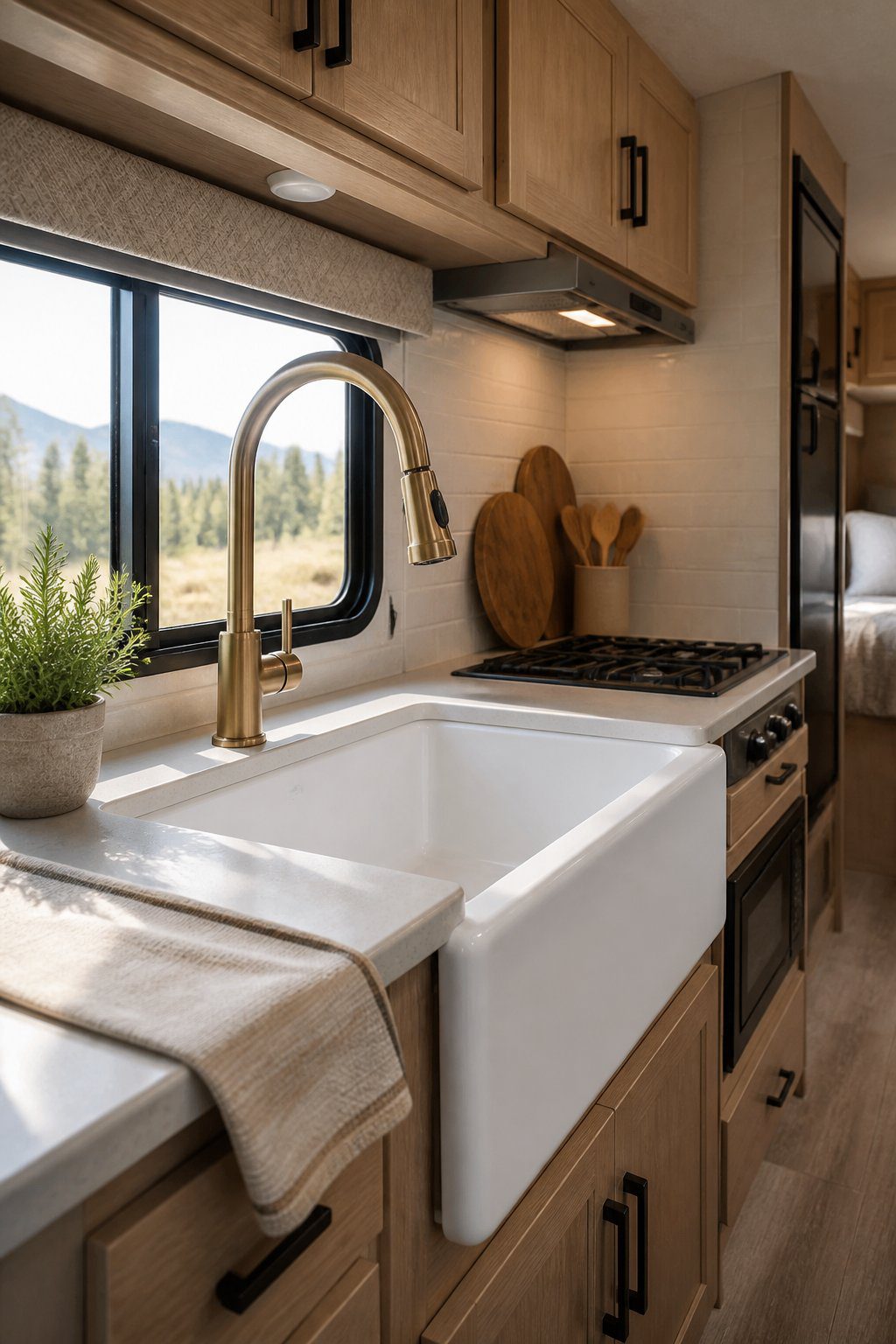 A compact RV kitchen with a farmhouse-style faucet above a white sink.