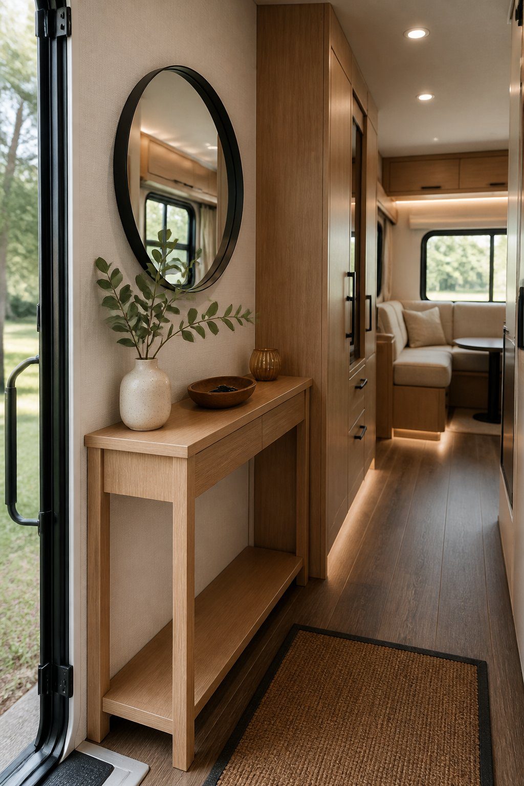 A narrow console table decorates the entryway of a modern RV.