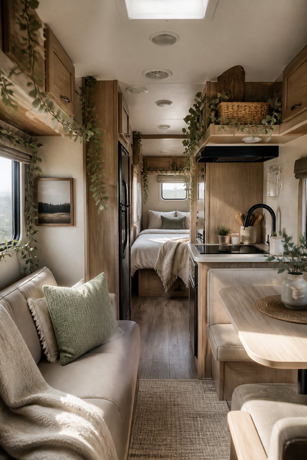 A cozy RV interior decorated with faux eucalyptus garlands.