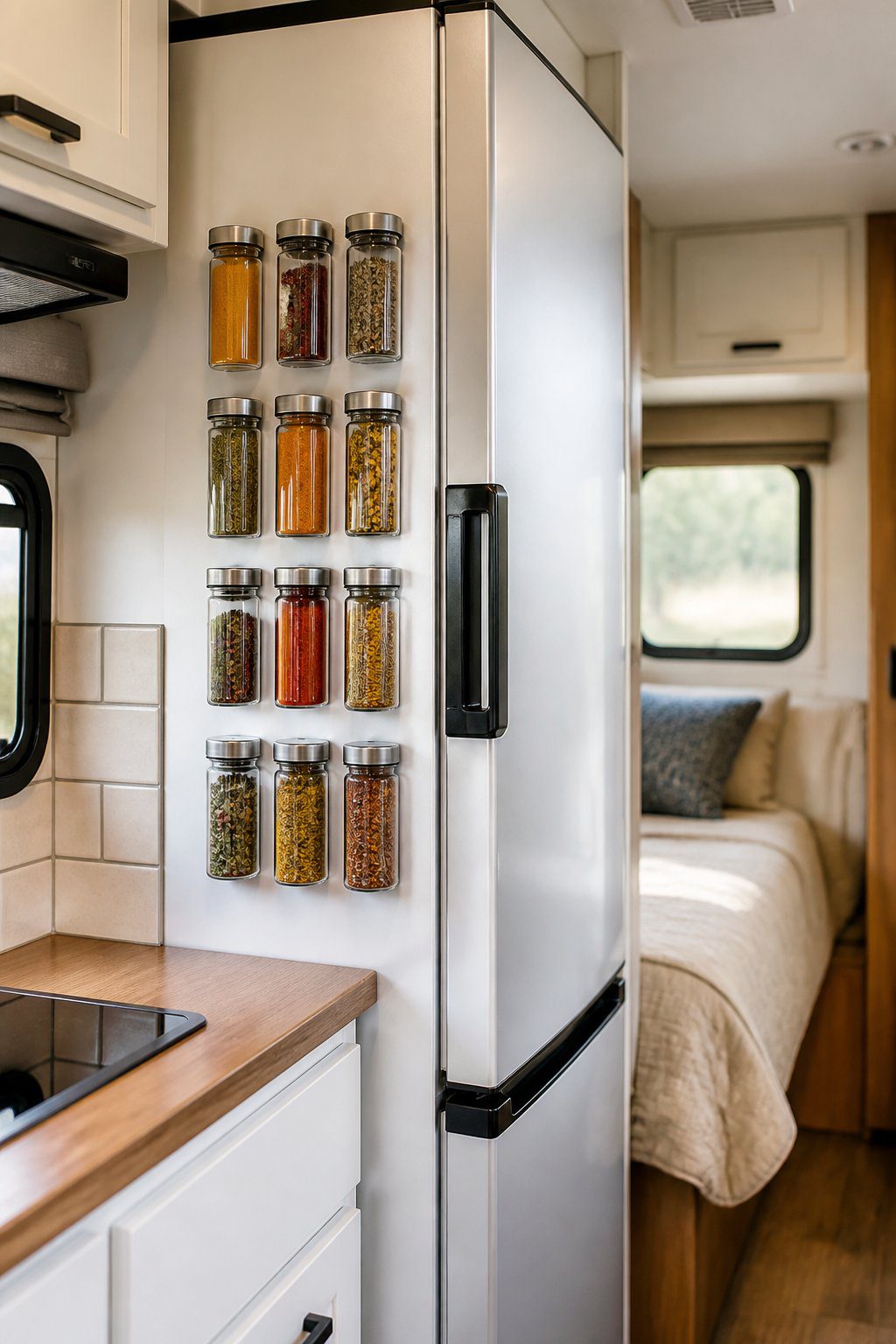 Magnetic spice jars arranged on the side of a refrigerator in a compact RV kitchen.