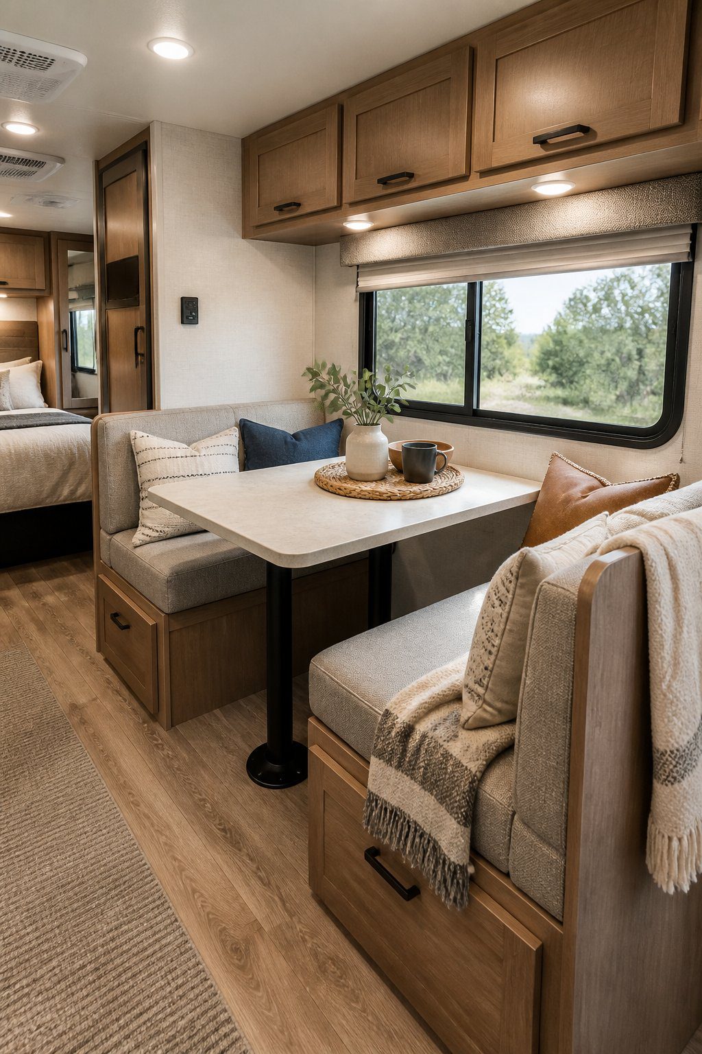 A bright RV dining area with built-in bench seating, cushions, a small table, and surrounding cabinetry.
