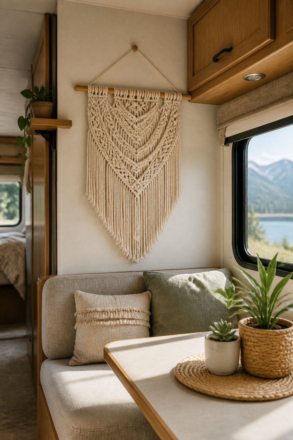 A macramé wall hanging decorates the interior wall of a cozy RV.