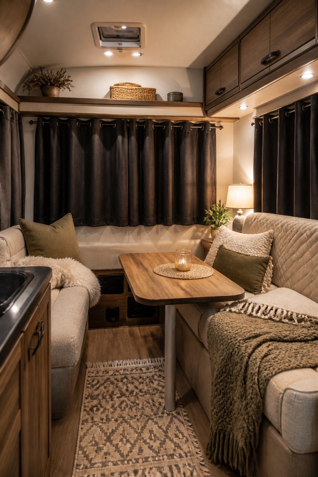 Cozy RV seating area with blackout curtains drawn over the windows and warm evening lighting.