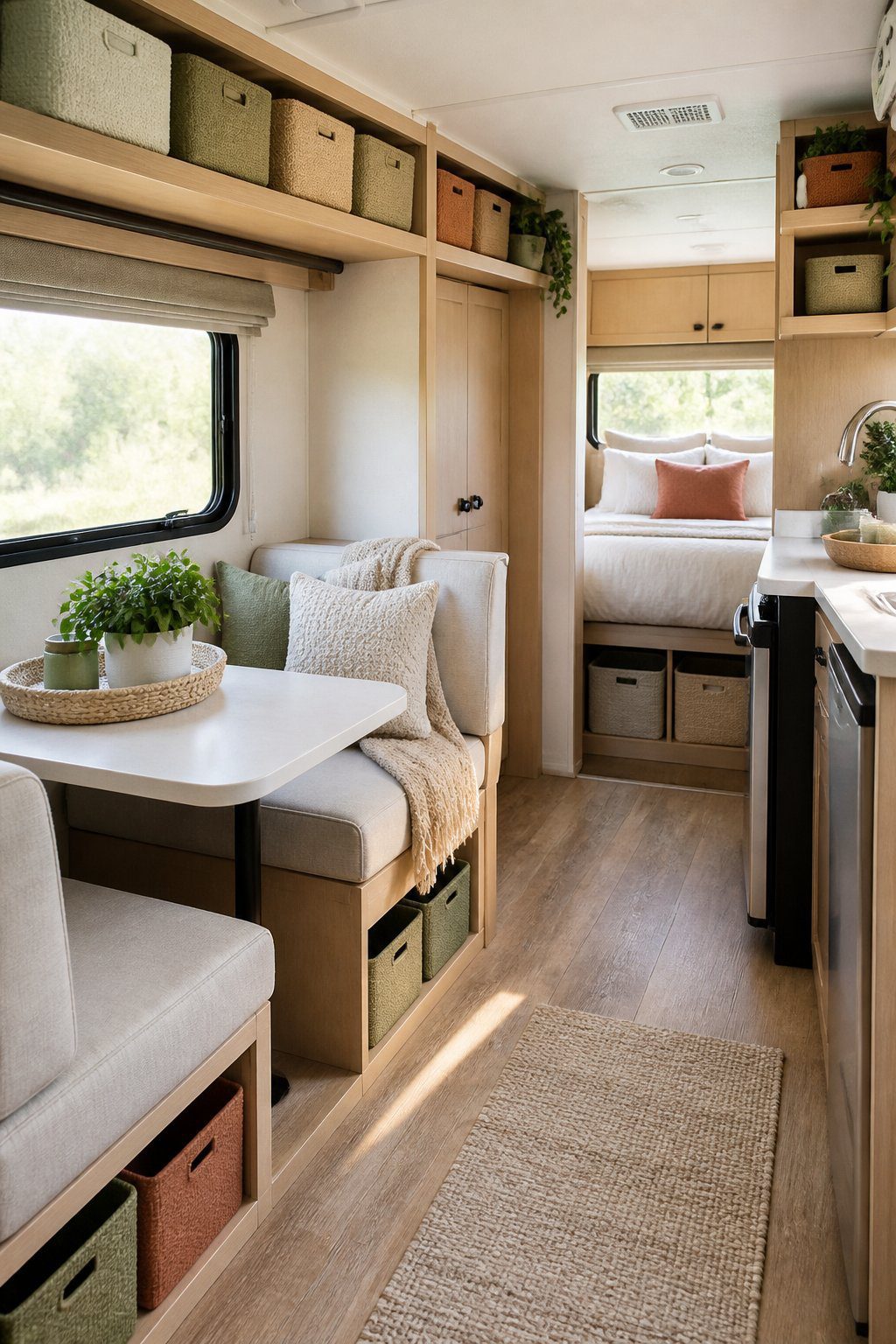 An organized RV interior with color-coordinated storage bins in open shelves and cabinets.