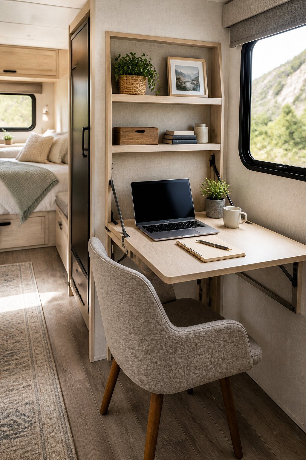 A compact RV interior with a fold-down desk, chair, laptop, and tasteful decor.
