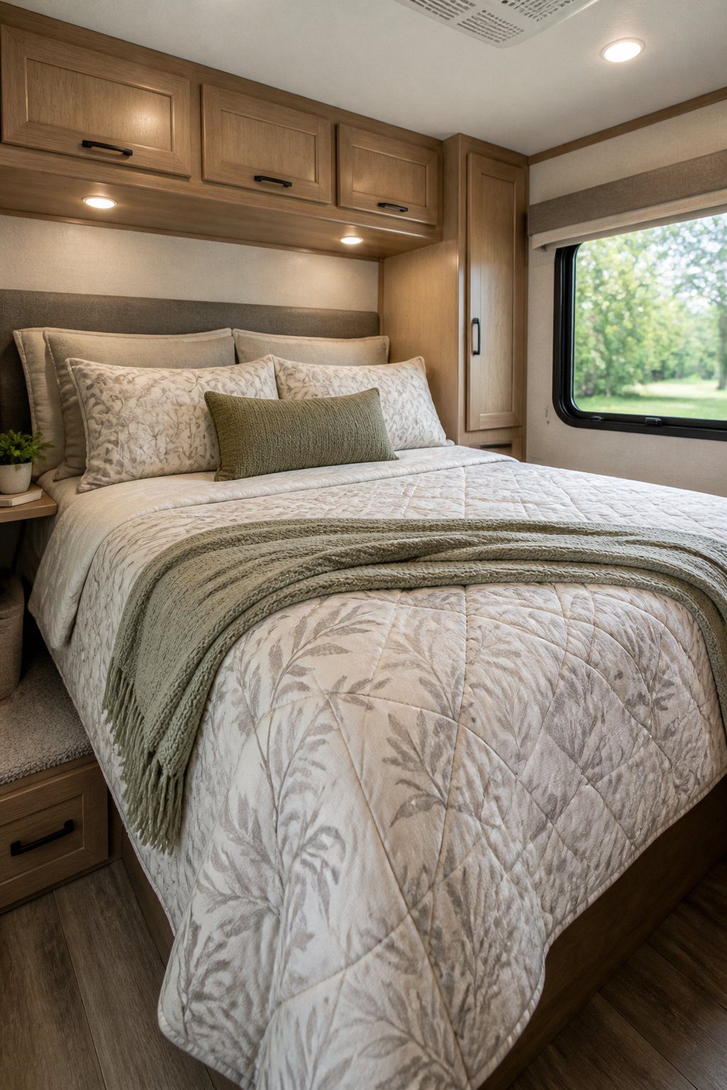 A neatly made RV bed with a quilted coverlet and coordinated pillows in a bright, cozy bedroom.