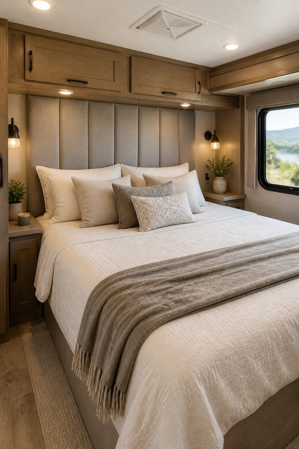 A cozy RV bedroom with a bed and padded headboard.