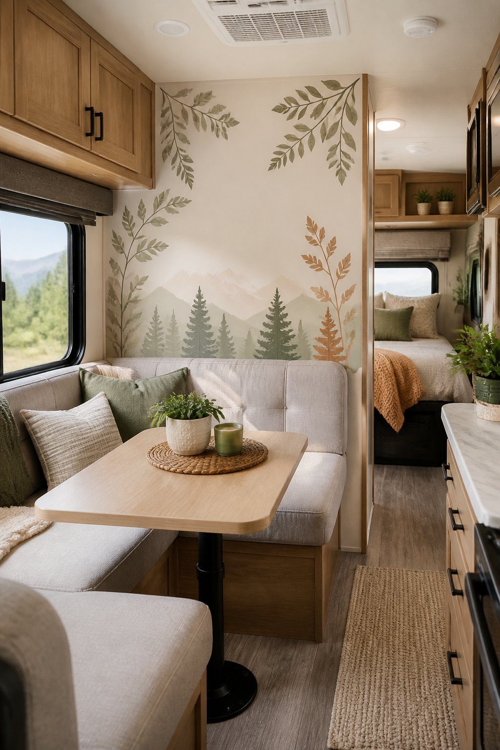 An RV interior with removable leafy nature-themed decals on the walls.