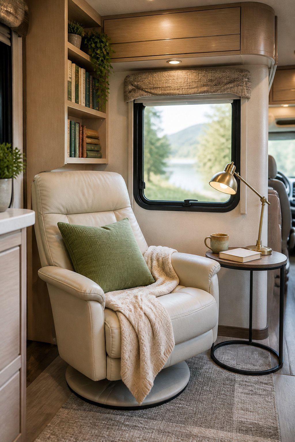 A cozy reading nook with a swivel chair, side table, books, lamp, and plant inside an RV.