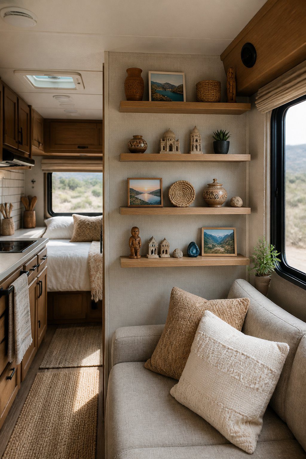 Floating shelves in an RV display assorted travel souvenirs above a cozy seating area.