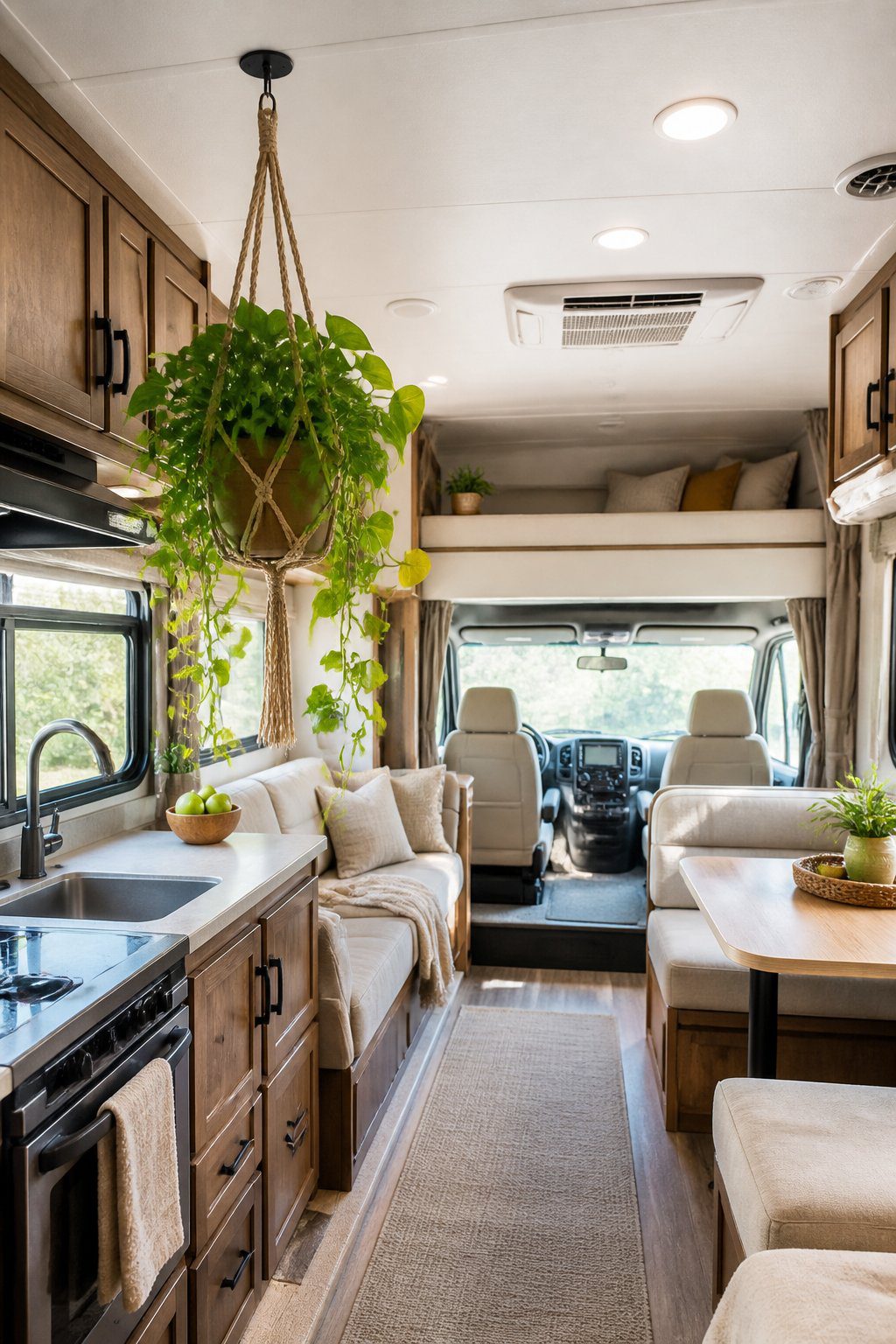 A bright RV interior with a leafy plant hanging from the ceiling above a cozy seating area.