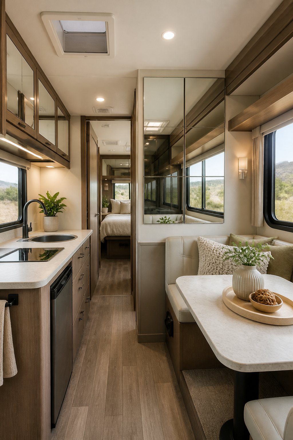 Bright RV interior with mirrored cabinet doors reflecting light from a nearby window.