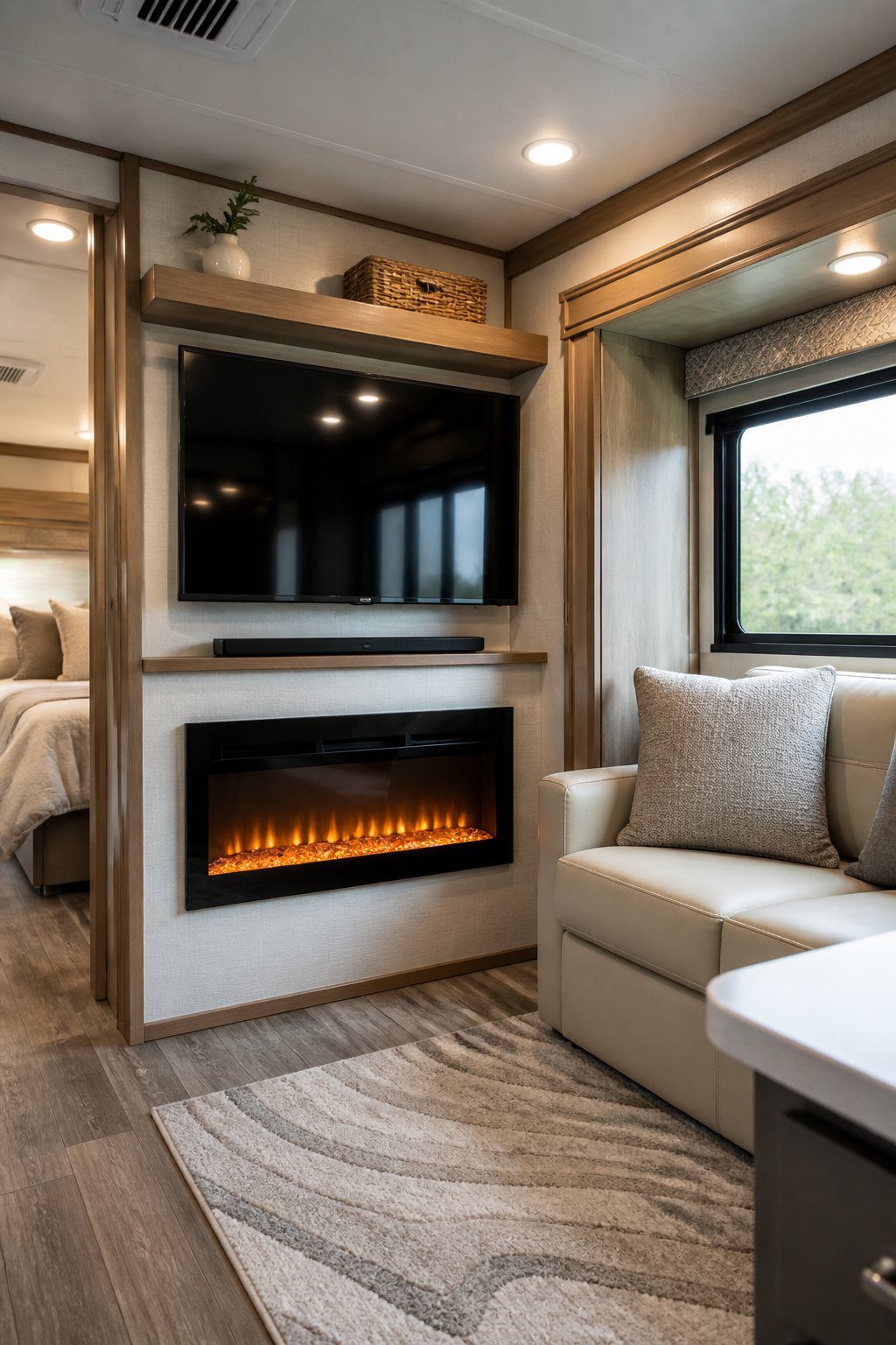 A modern RV living area with a slim electric fireplace mounted beneath a compact entertainment center.
