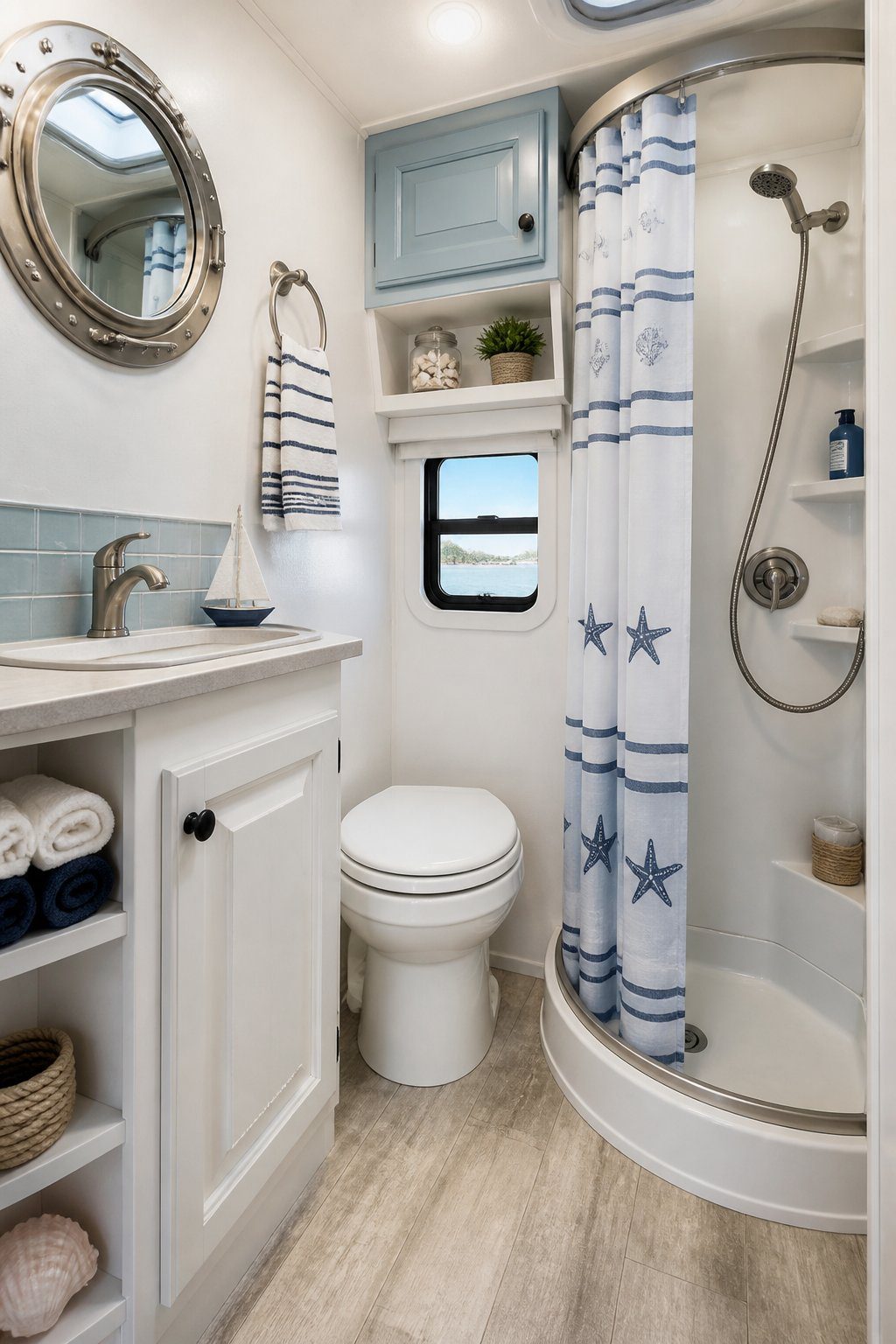 A compact RV bathroom decorated with blue-and-white nautical accents.
