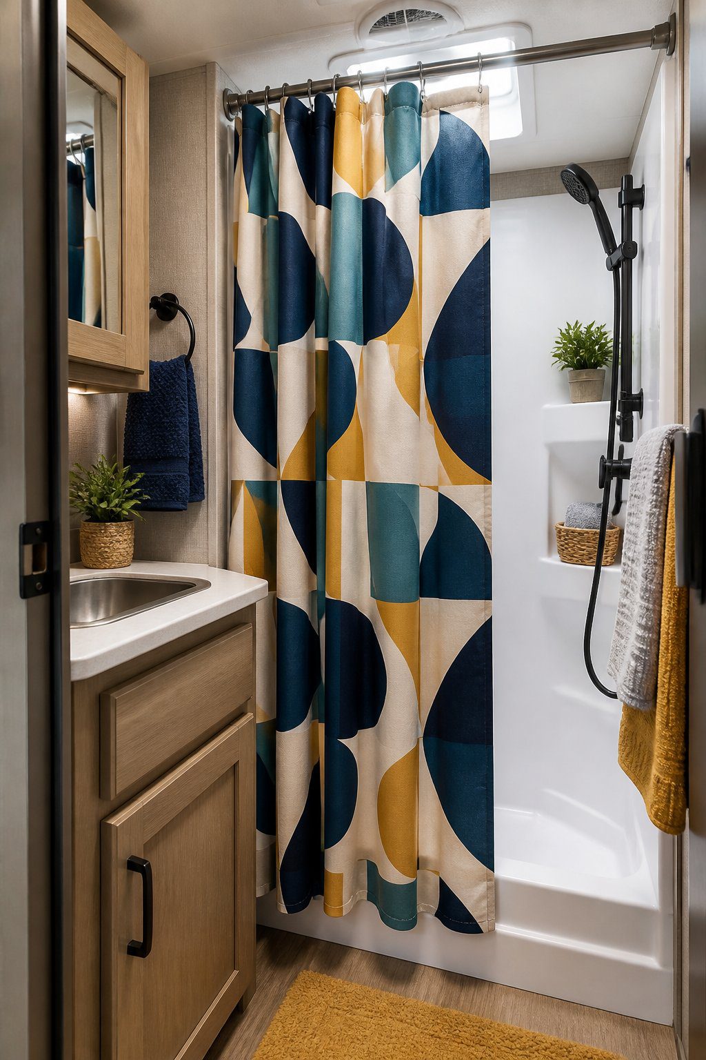 A compact RV bathroom with a colorful geometric shower curtain.