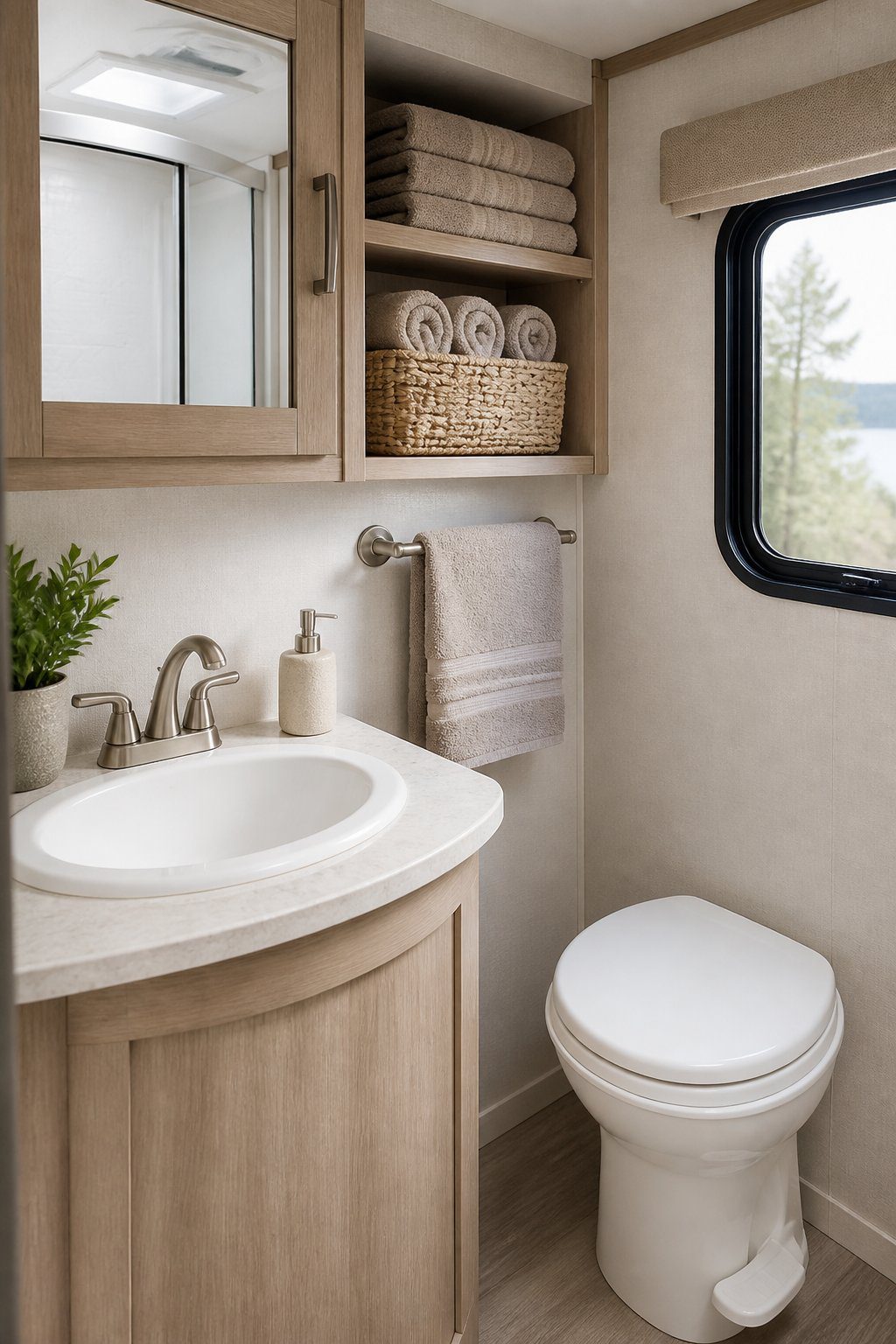 Neatly arranged matching towels in a clean RV bathroom.