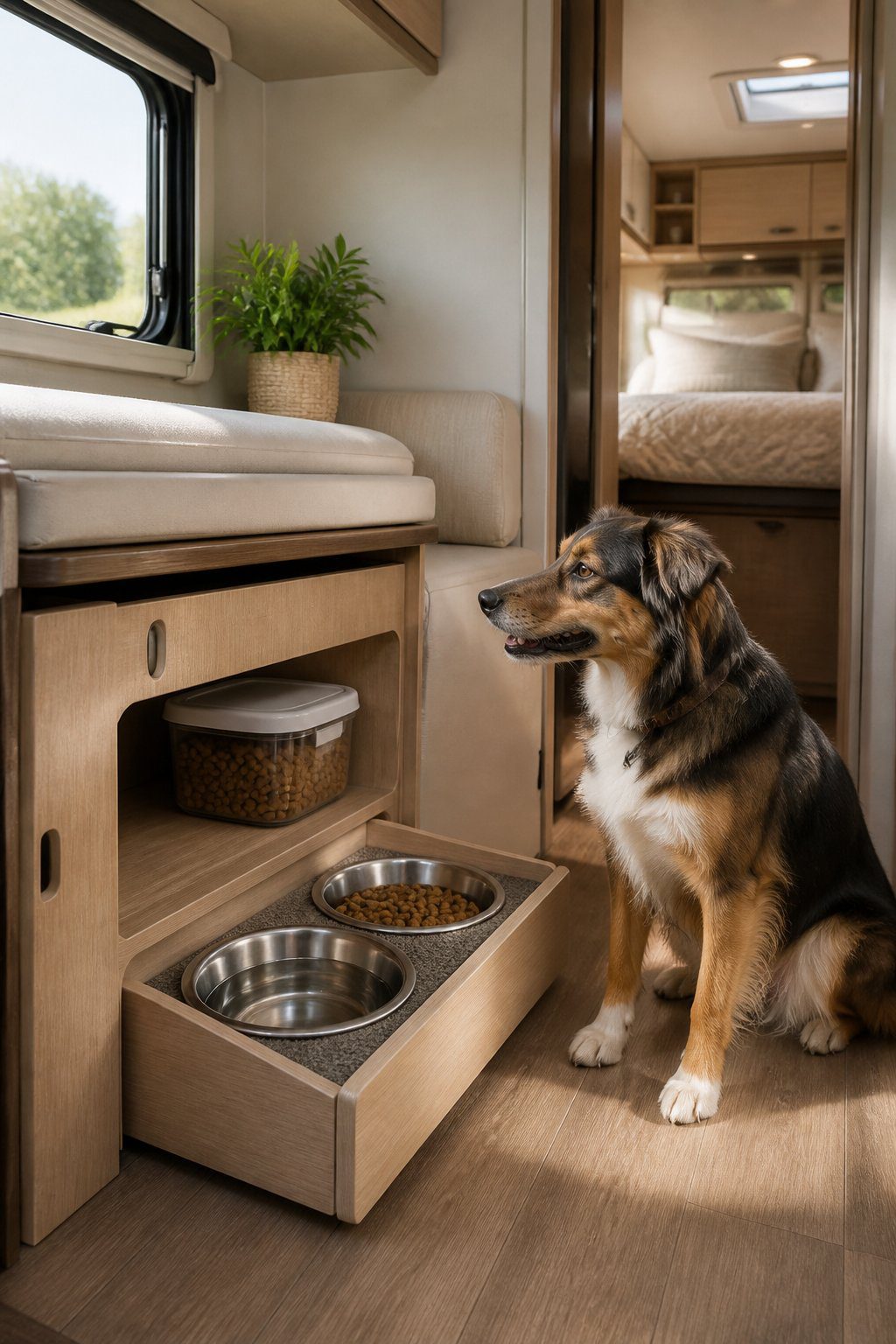 A dog stands beside a neat feeding station with two bowls inside a recreational vehicle.