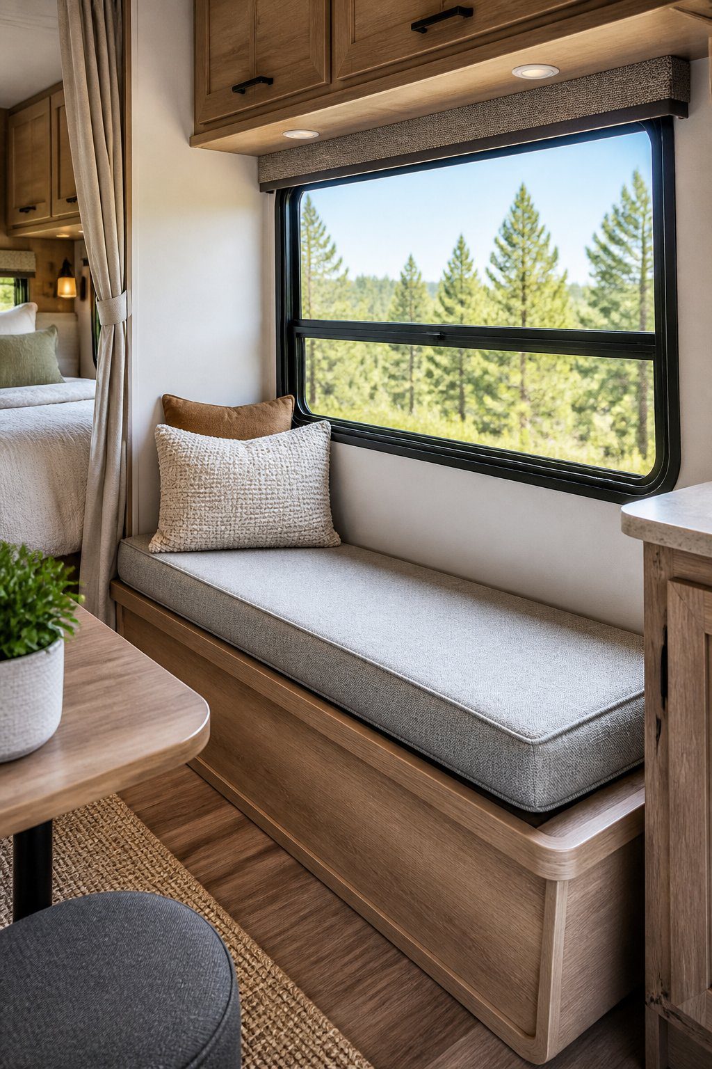A removable cushion rests on a built-in window seat inside a cozy RV.