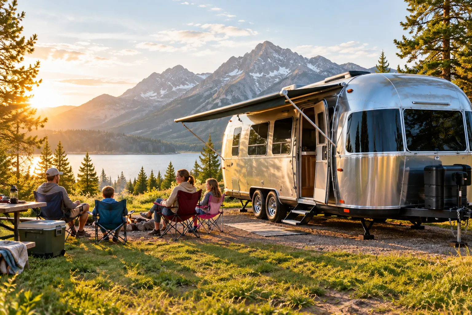() bright editorial hero photo of a shiny travel trailer RV parked at a scenic campground at golden morning light, mountains