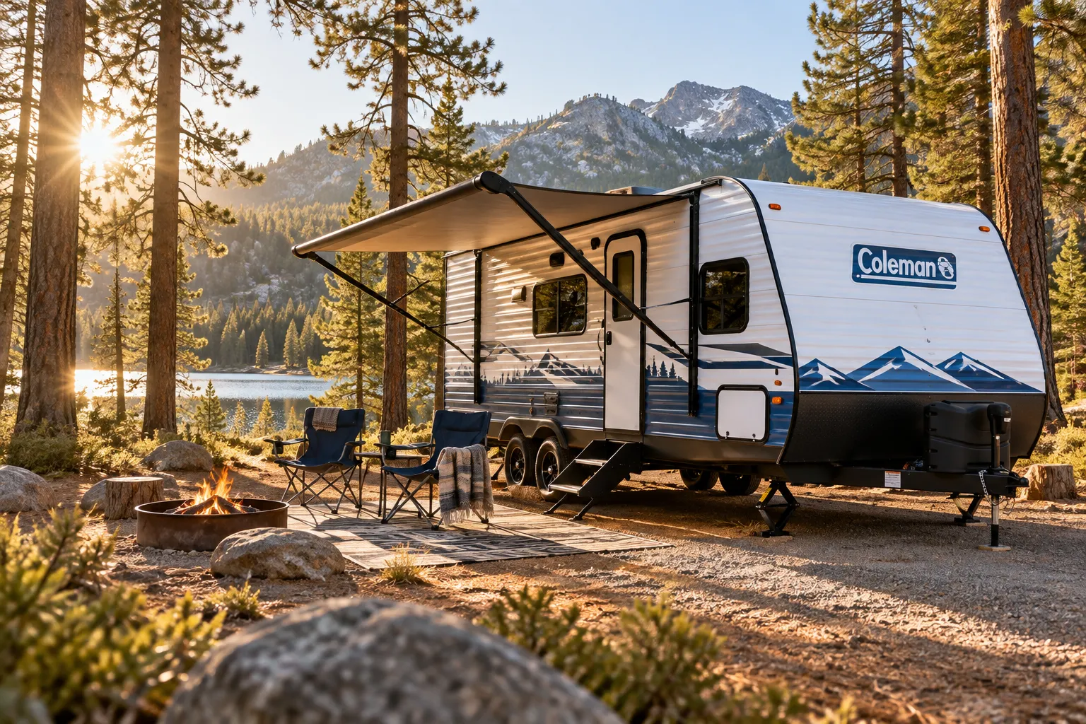 Bright () editorial hero photo of a white and blue Coleman travel trailer parked in a sunny forest campground clearing,
