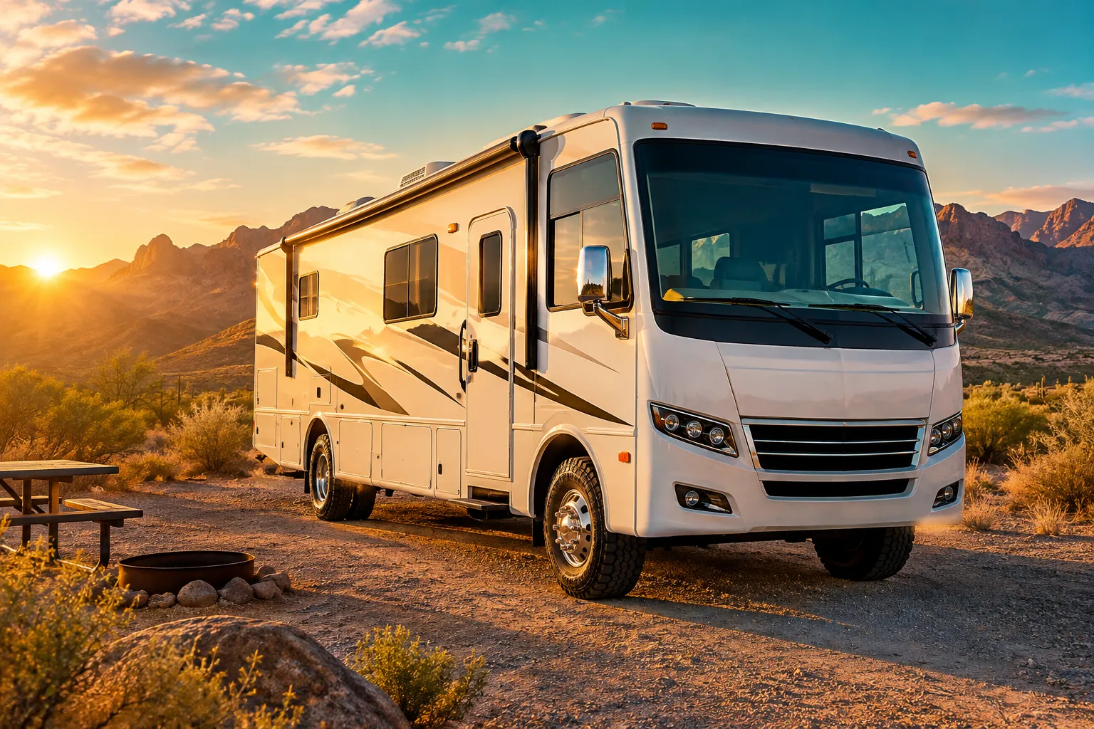 () editorial hero image showing a large white Class A motorhome parked in a sunny desert campground with visible chunky RV
