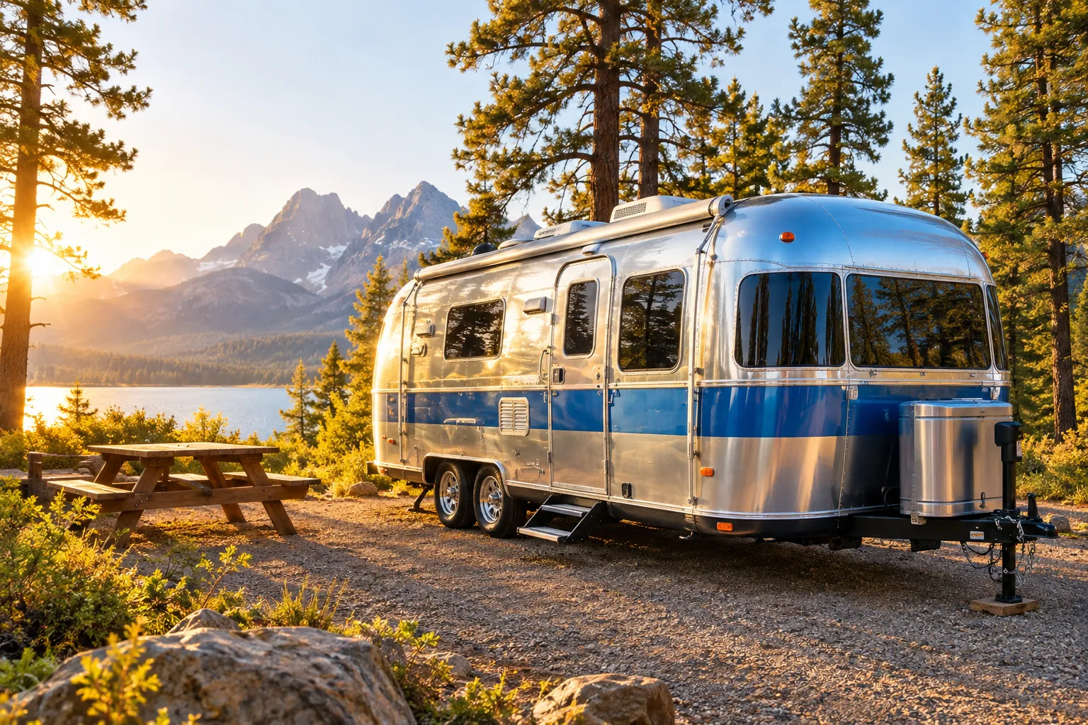 () editorial hero photo of a shiny silver-and-blue travel trailer parked on a scenic gravel campsite at golden morning