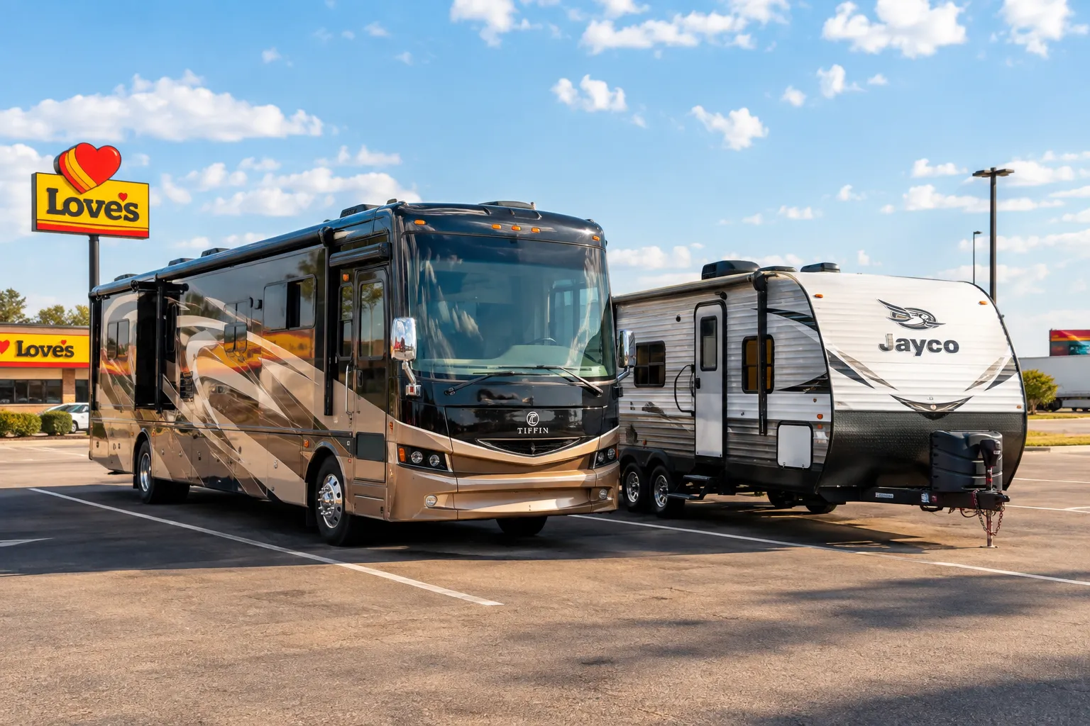 () editorial hero photograph of a bright, sunny Love's Travel Stop parking lot with a large Class A motorhome and a travel