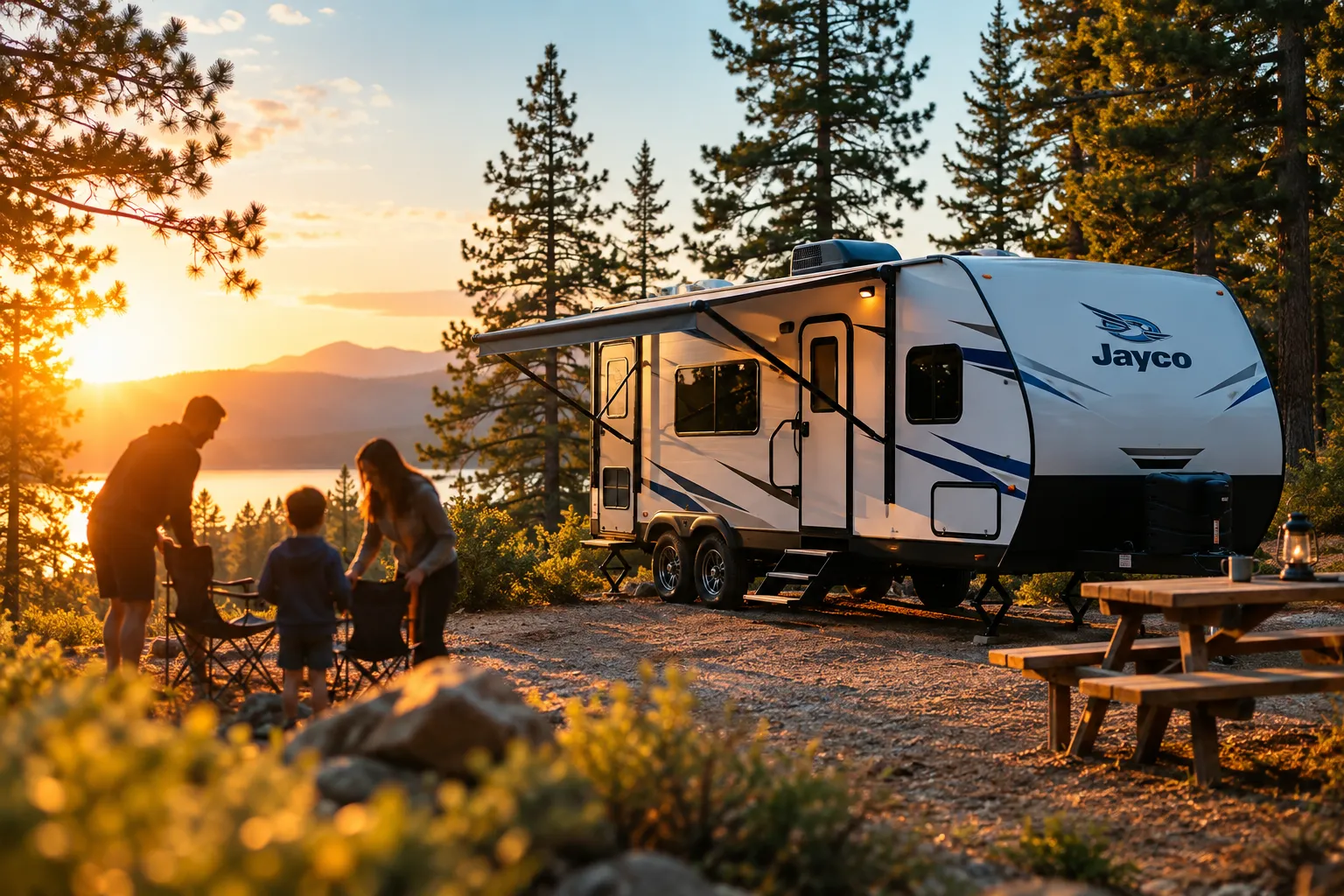 Editorial () hero photograph of a white and blue Jayco travel trailer parked at a scenic campsite during golden hour, tall