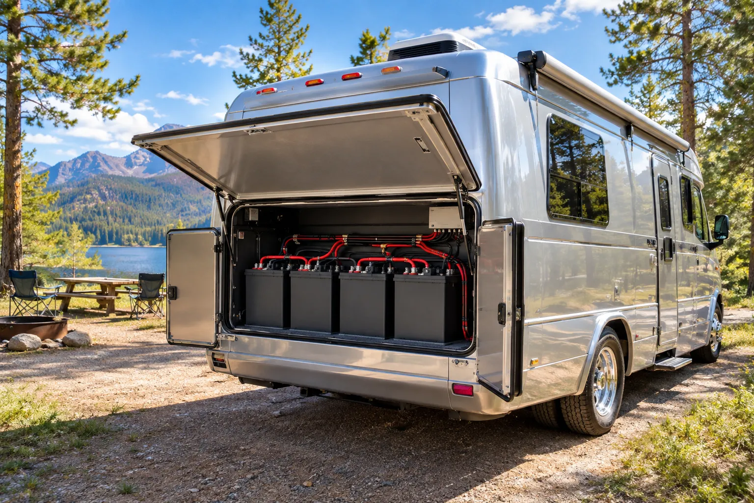 Editorial landscape hero image () showing a shiny silver RV parked in a sunny campground clearing, back compartment doors