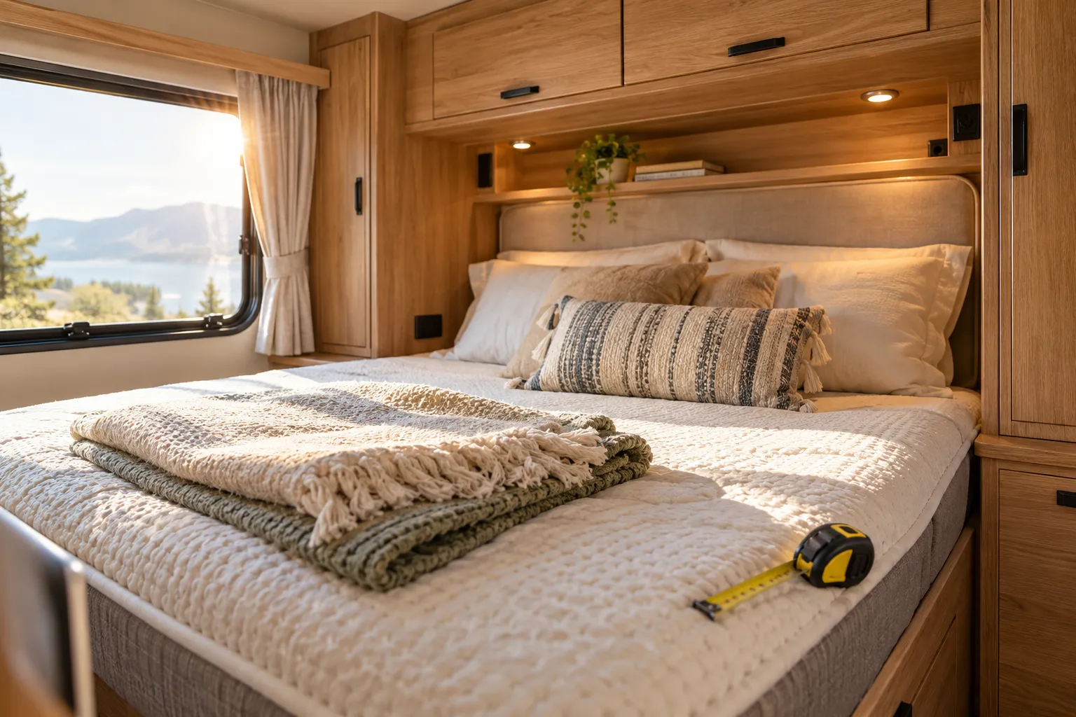 Editorial landscape photo () inside a modern travel trailer bedroom, showing a cozy RV bed with folded blankets, soft