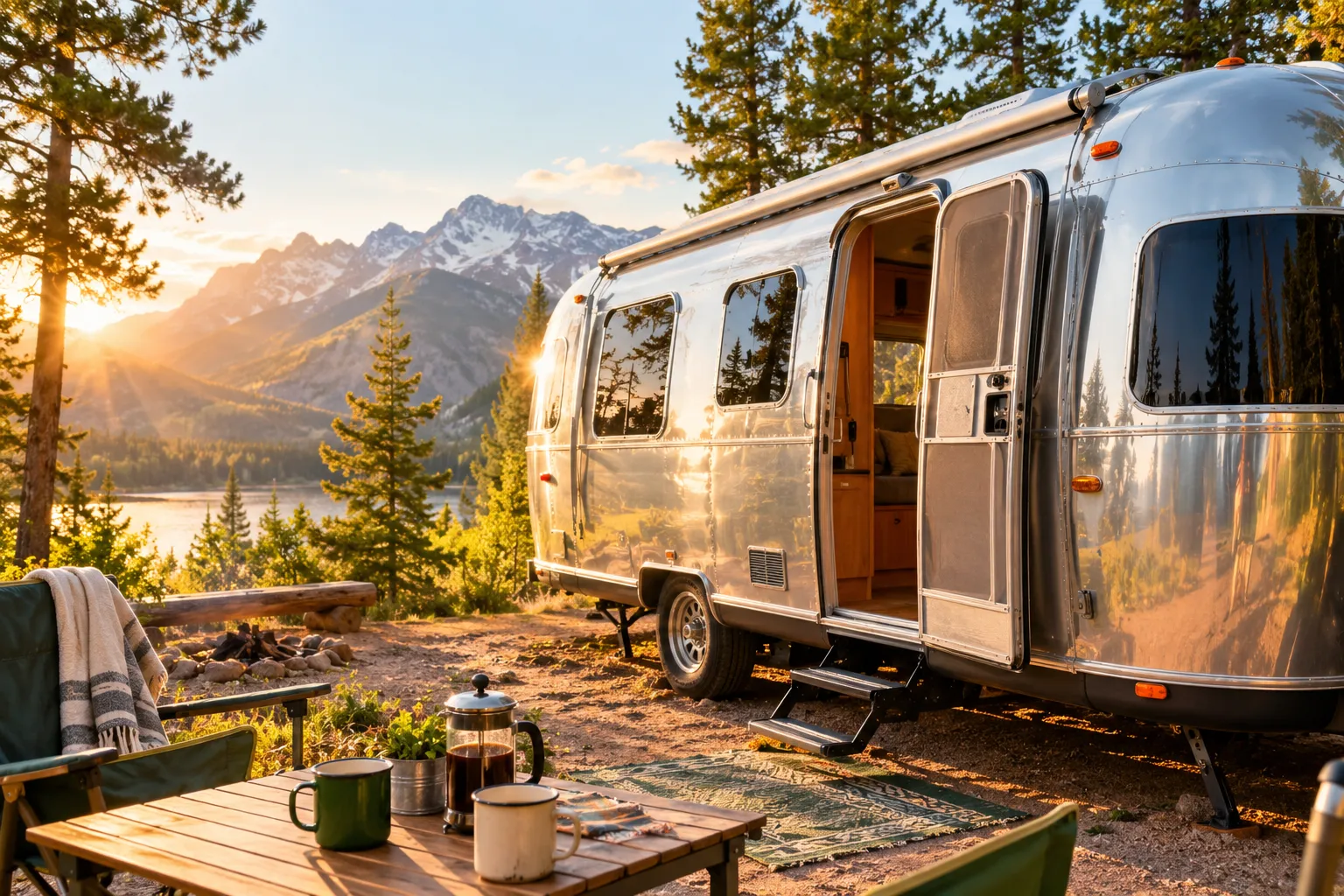 Landscape editorial photo () of a shiny travel trailer RV parked in a scenic campground at golden morning light, pine trees