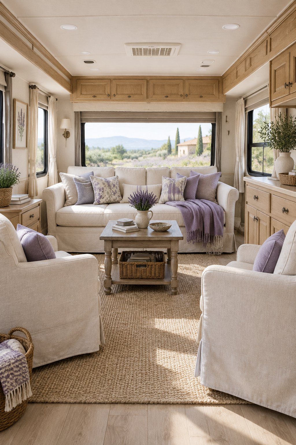 A bright RV lounge with linen-covered seating, lavender accents, wood cabinetry, and a small coffee table.
