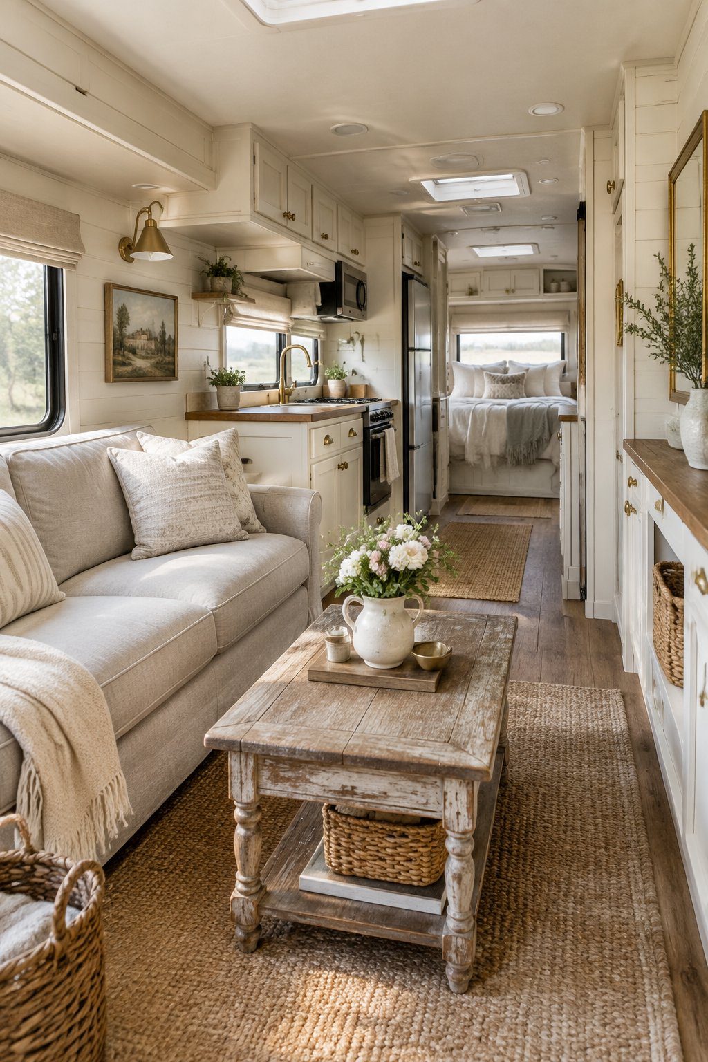 A bright RV living room with white paneled walls, a neutral sofa, and a distressed wood coffee table.