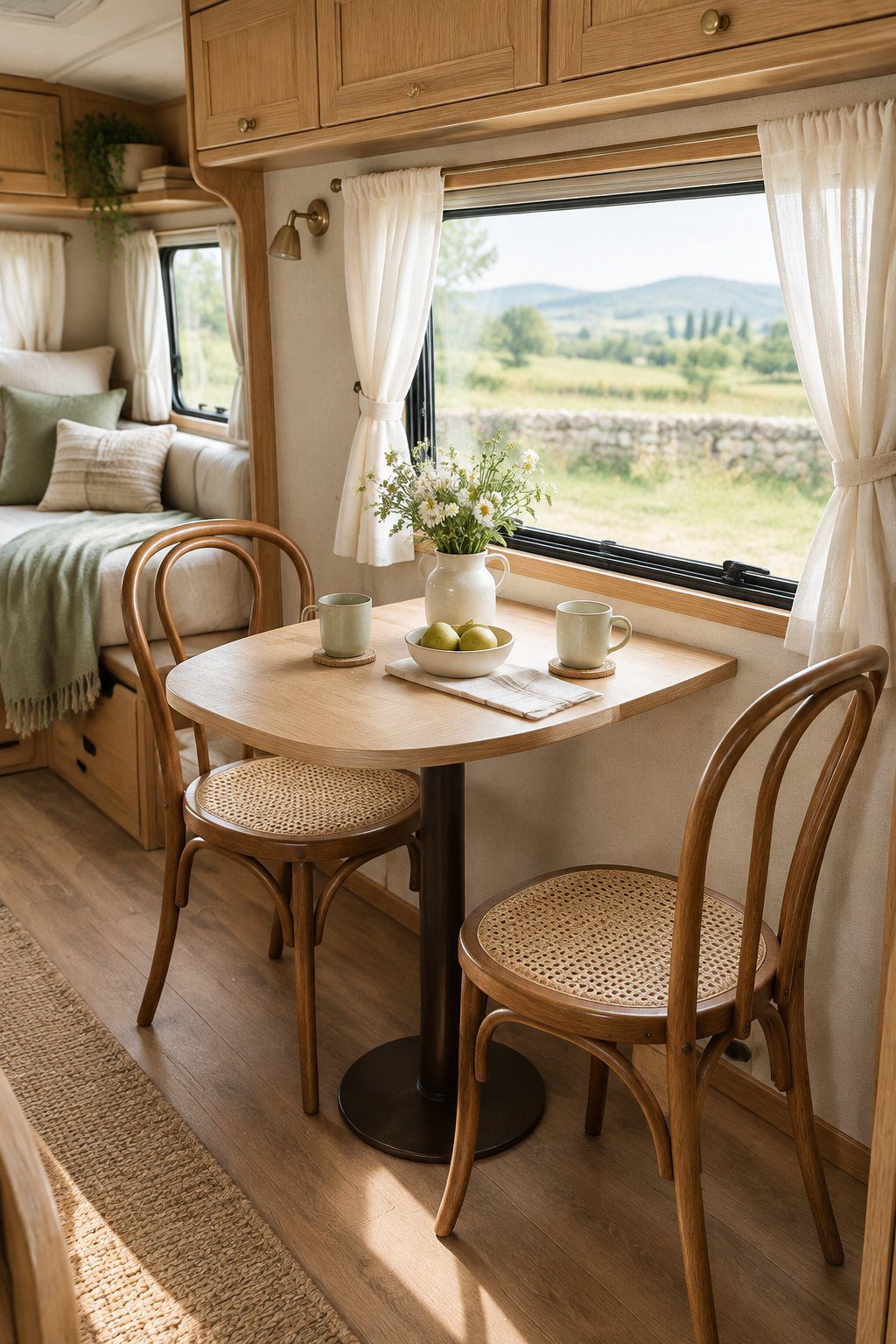 A cozy RV dining area with café curtains, a small wooden table, and two curved wooden chairs.