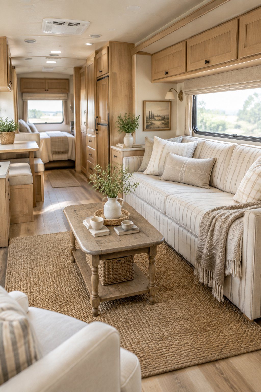 A cozy RV living room with a neutral striped sofa, woven rug, light wood cabinetry, and soft natural light.
