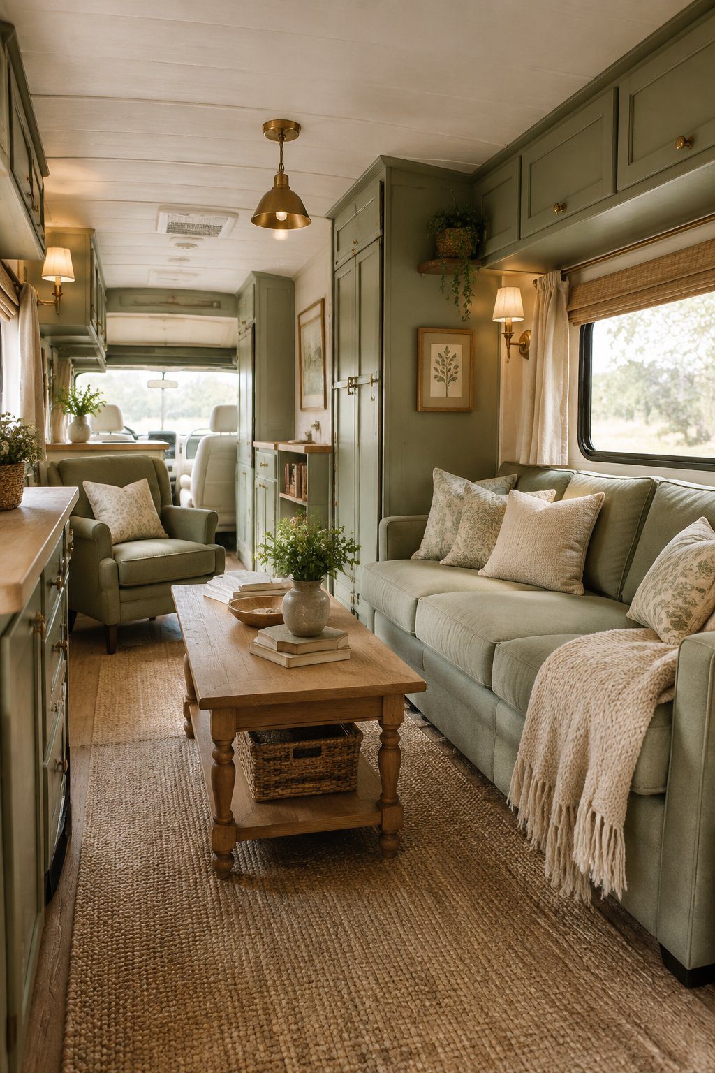 A sage green RV living room with cream seating, wood accents, and warm brass lighting.