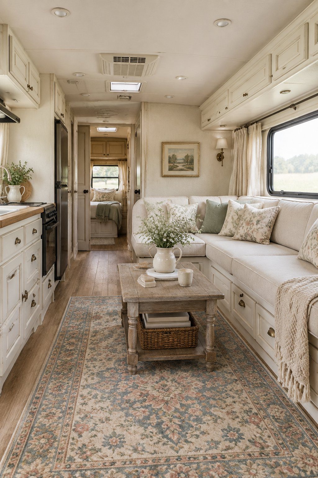 A cozy RV lounge with cream cabinets, built-in seating, a faded floral rug, and a small coffee table.