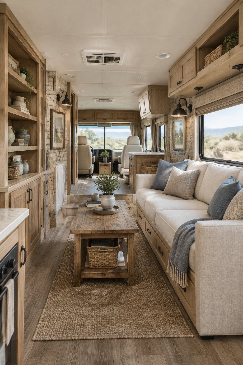A cozy RV living room with a cream sofa, oak shelves, stone-look walls, and black iron accents.