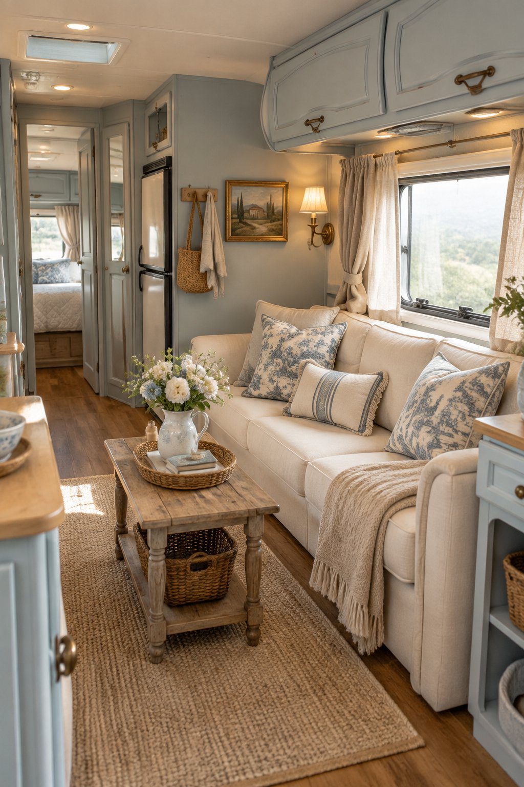 A cozy RV lounge with soft blue walls, a cream sofa, toile pillows, and French cottage decor.